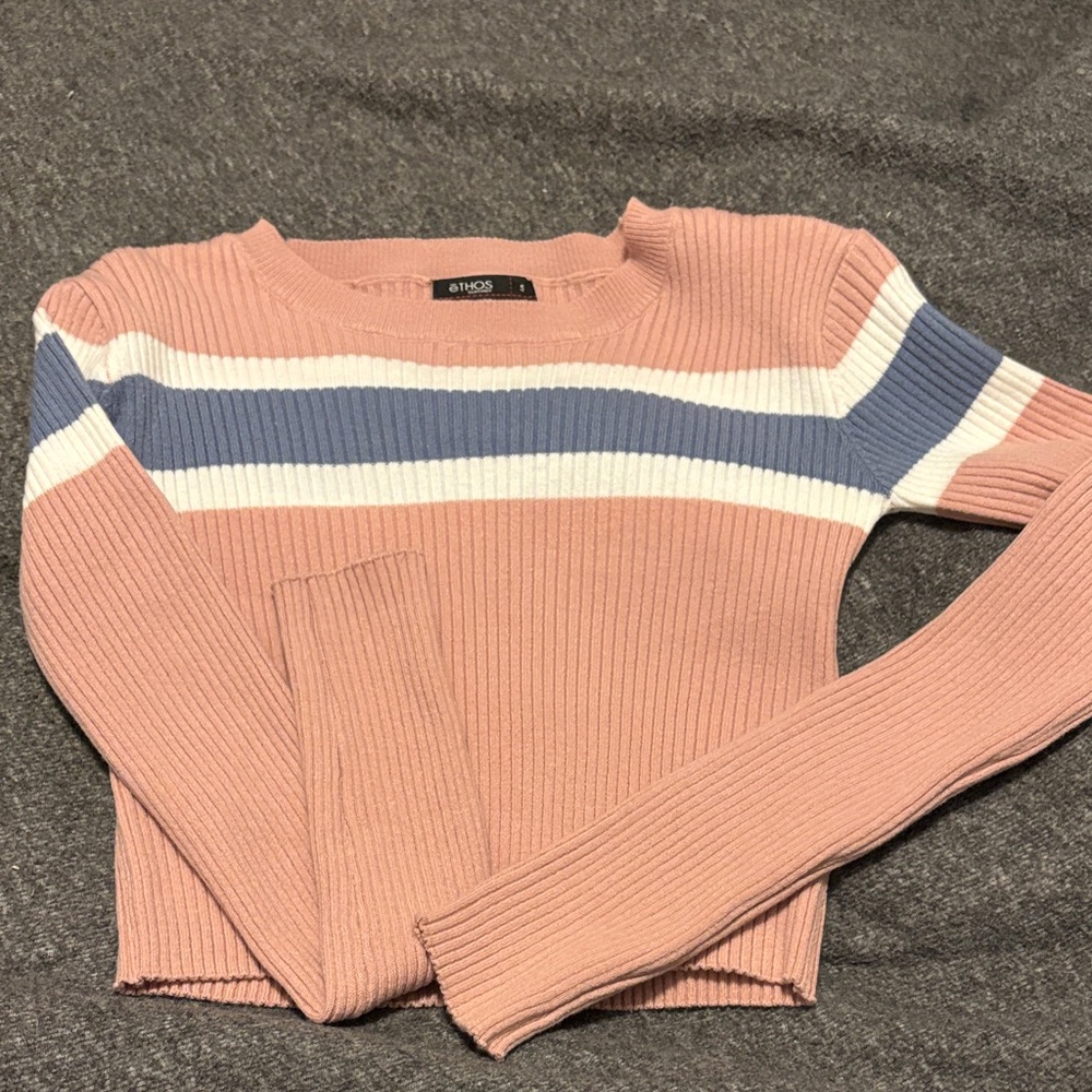 Striped Pink and Blue Ribbed Cropped Sweater